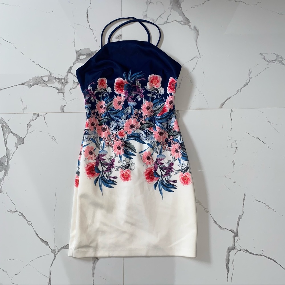 Guess | navy blue, white, pink, purple floral mini dress |size 4